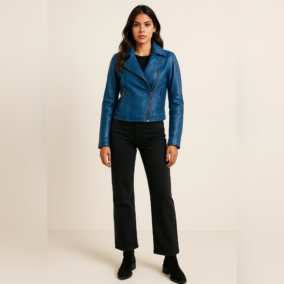 We The Free Jackets & Blazers - Free People Cora Blue Mirage Sapphire Leather Moto Lined Strap Zip Size Xs